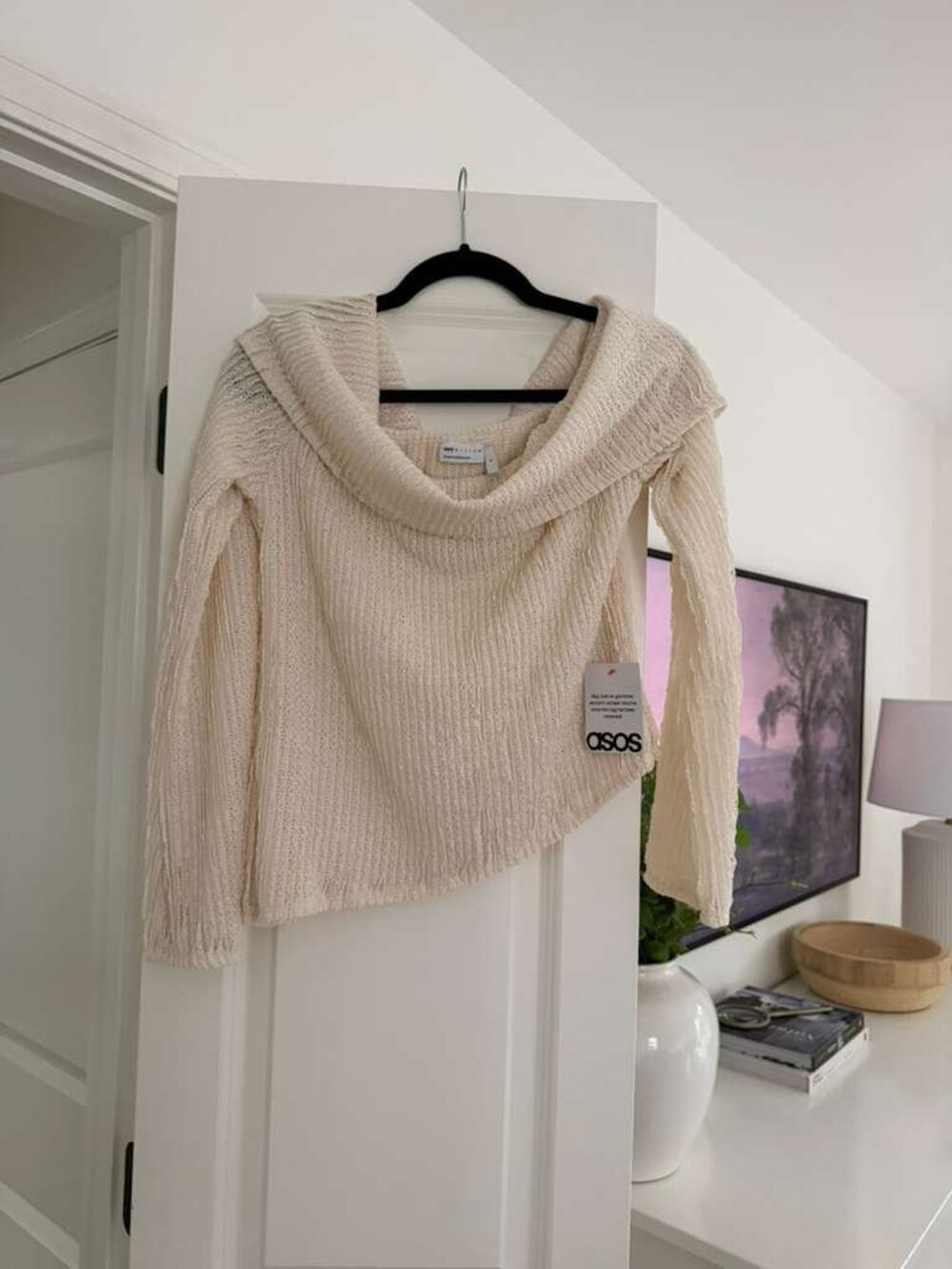 ASOS DESIGN Sweater Women Medium Cream Knit Off Shoulder Cowl Neck Slouchy